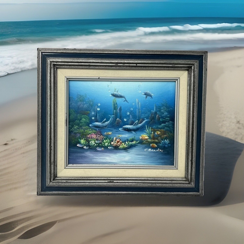 Original C Benolt Oil Painting Signed Vintage Under The Sea Dolphins Fish Corals